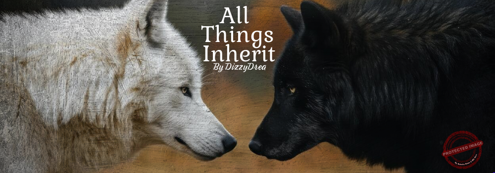 All Things Inherit title image with a black and white wolves facing each other
